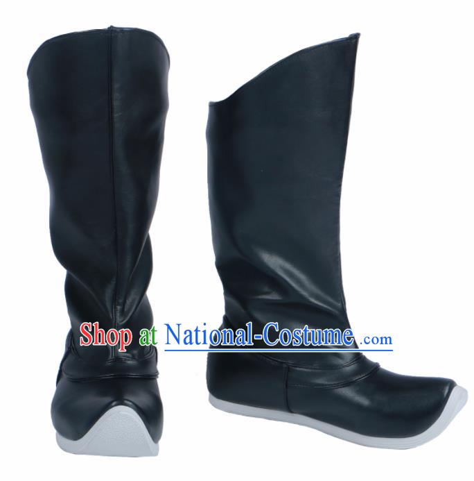 Chinese Traditional Ming Dynasty Black Leather Boots Handmade Hanfu Shoes Ancient Swordsman Shoes for Men