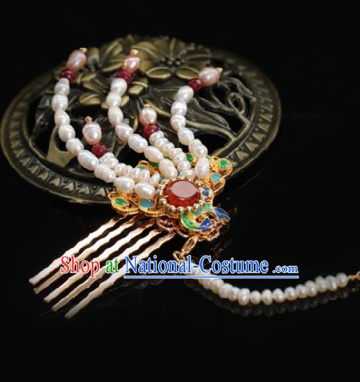 Chinese Handmade Ming Dynasty Princess Pearls Phoenix Hair Comb Hairpins Ancient Hanfu Hair Accessories for Women