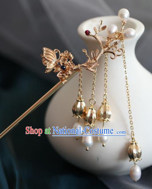 Chinese Handmade Ming Dynasty Princess Golden Butterfly Tassel Hairpins Ancient Hanfu Hair Accessories for Women