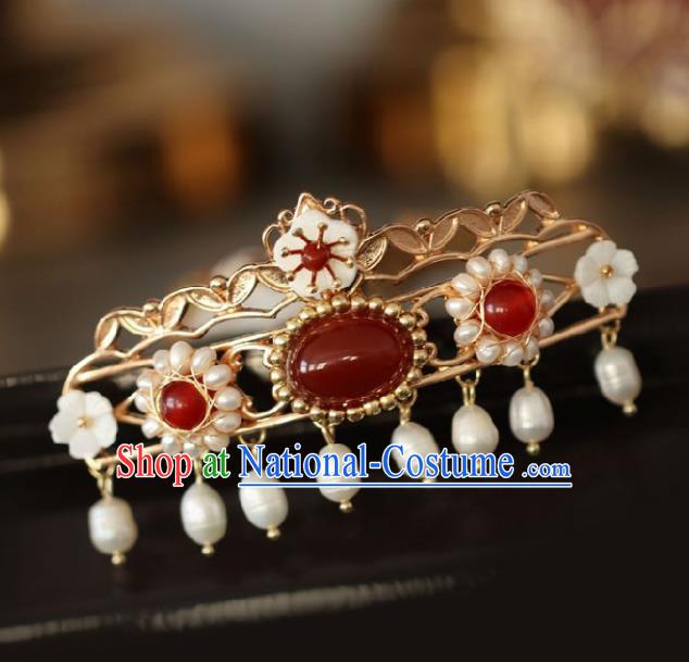 Chinese Handmade Ming Dynasty Princess Pearls Agate Hairpins Ancient Hanfu Hair Accessories for Women