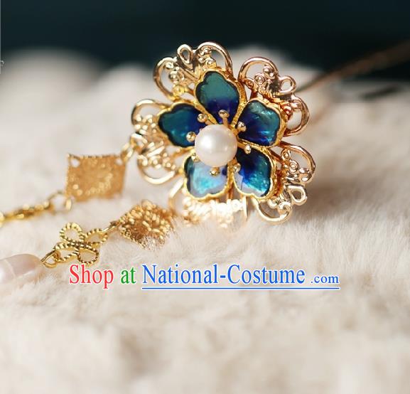 Chinese Handmade Ming Dynasty Princess Blue Plum Tassel Hairpins Ancient Hanfu Hair Accessories for Women