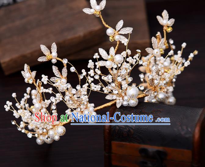 Top Handmade Bride Beads Leaf Royal Crown Wedding Hair Accessories for Women