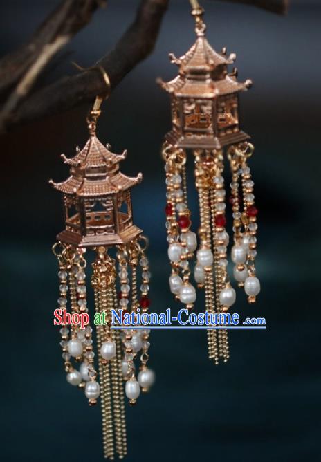 Chinese Traditional Hanfu Pearls Tassel Palace Earrings Handmade Ear Jewelry Accessories for Women