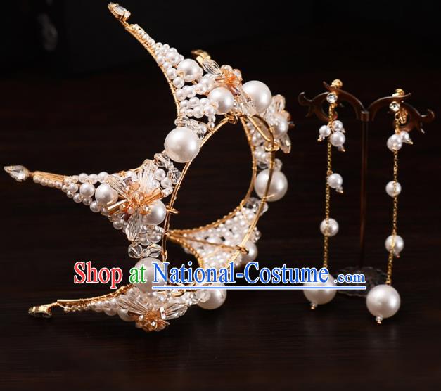 Top Handmade Bride Pearls Round Royal Crown Wedding Hair Accessories for Women