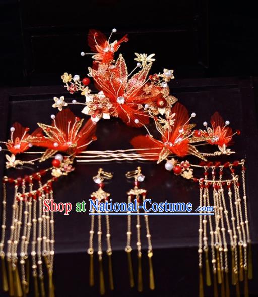 Chinese Traditional Wedding Hair Accessories Red Silk Flower Hairpins Handmade Bride Hair Combs for Women