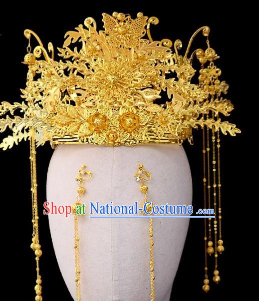 Chinese Traditional Wedding Golden Phoenix Coronet Handmade Bride Hair Accessories for Women