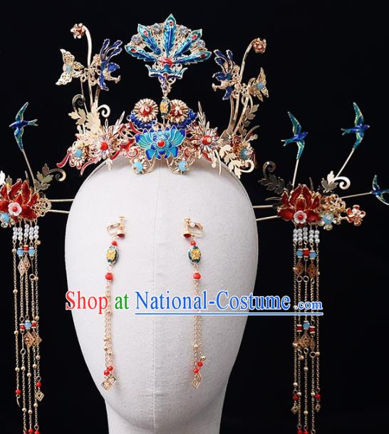 Chinese Traditional Wedding Cloisonne Phoenix Coronet Handmade Bride Hair Accessories for Women