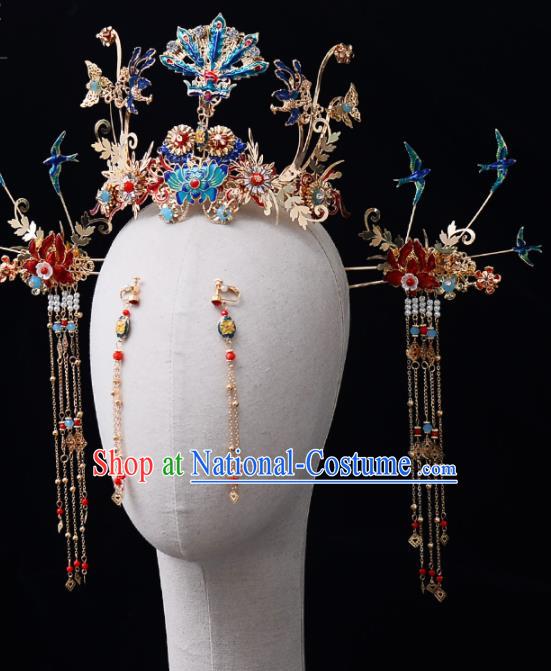 Chinese Traditional Wedding Cloisonne Phoenix Coronet Handmade Bride Hair Accessories for Women