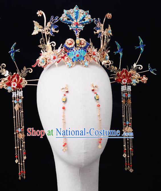 Chinese Traditional Wedding Cloisonne Phoenix Coronet Handmade Bride Hair Accessories for Women