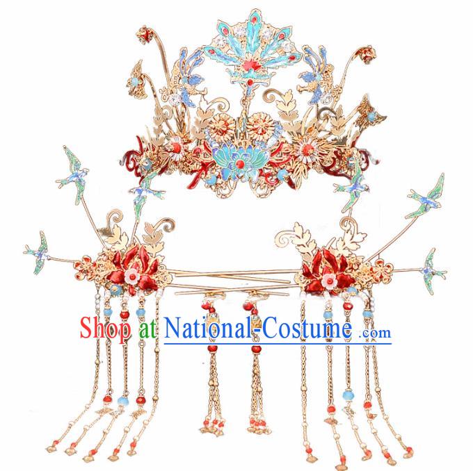 Chinese Traditional Wedding Cloisonne Phoenix Coronet Handmade Bride Hair Accessories for Women