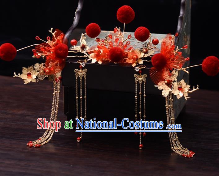 Chinese Traditional Wedding Red Silk Hairpins Hair Comb Handmade Bride Hair Accessories for Women