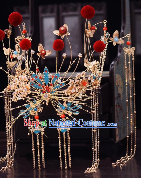 Chinese Traditional Wedding Tassel Phoenix Hair Crown Handmade Bride Hair Accessories for Women