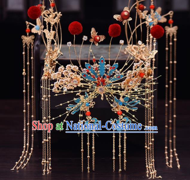 Chinese Traditional Wedding Tassel Phoenix Hair Crown Handmade Bride Hair Accessories for Women