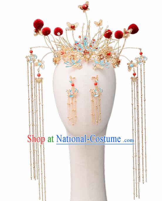 Chinese Traditional Wedding Tassel Phoenix Hair Crown Handmade Bride Hair Accessories for Women