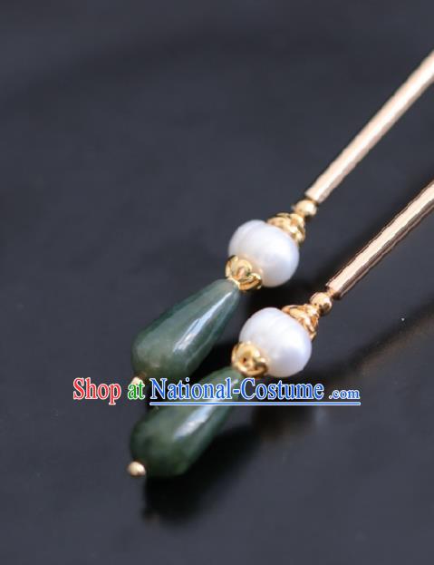 Chinese Handmade Ming Dynasty Queen Green Stone Hairpins Ancient Hanfu Hair Accessories for Women