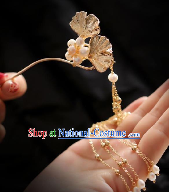 Chinese Handmade Ming Dynasty Queen Golden Ginkgo Leaf Tassel Hairpins Ancient Hanfu Hair Accessories for Women