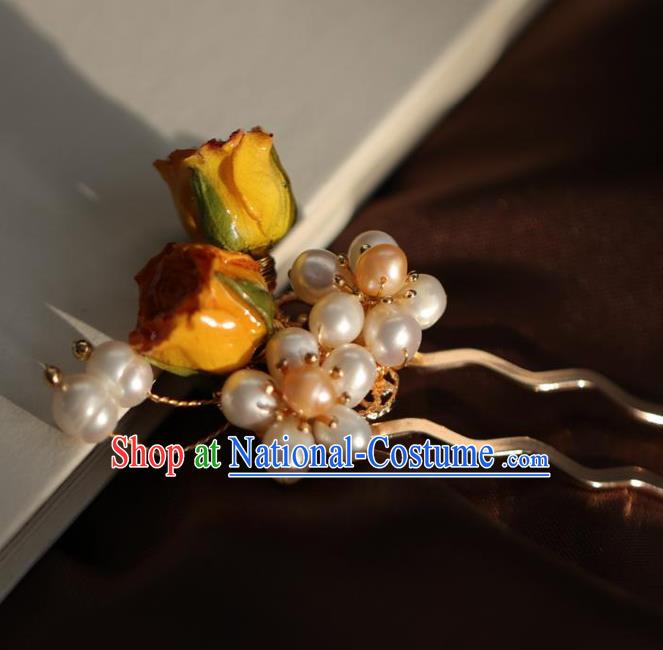 Chinese Handmade Ming Dynasty Princess Pearls Yellow Flowers Hairpins Ancient Hanfu Hair Accessories for Women