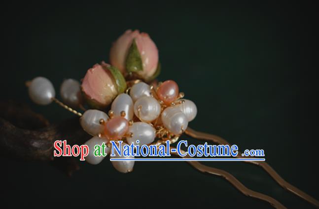 Chinese Handmade Ming Dynasty Princess Pearls Pink Flowers Hairpins Ancient Hanfu Hair Accessories for Women