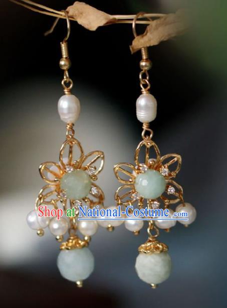 Chinese Traditional Hanfu Green Stone Tassel Earrings Handmade Ear Jewelry Accessories for Women