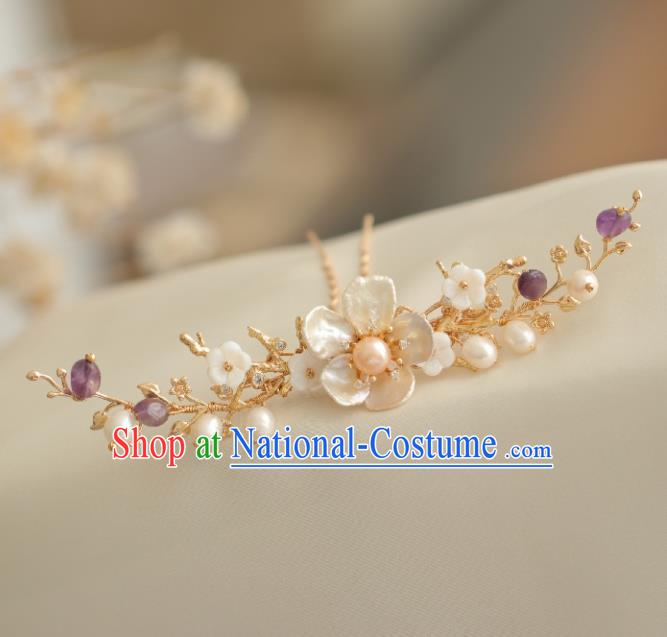 Chinese Handmade Ming Dynasty Princess Shell Flower Pearls Hairpins Ancient Hanfu Hair Accessories for Women