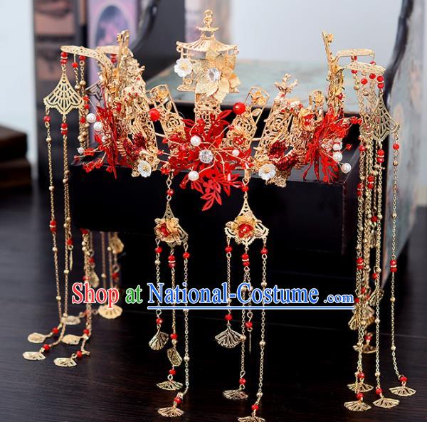 Chinese Traditional Wedding Red Leaf Hair Crown Handmade Bride Hair Accessories for Women