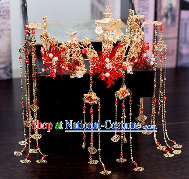 Chinese Traditional Wedding Red Leaf Hair Crown Handmade Bride Hair Accessories for Women