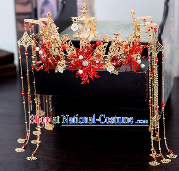 Chinese Traditional Wedding Red Leaf Hair Crown Handmade Bride Hair Accessories for Women