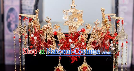 Chinese Traditional Wedding Red Leaf Hair Crown Handmade Bride Hair Accessories for Women