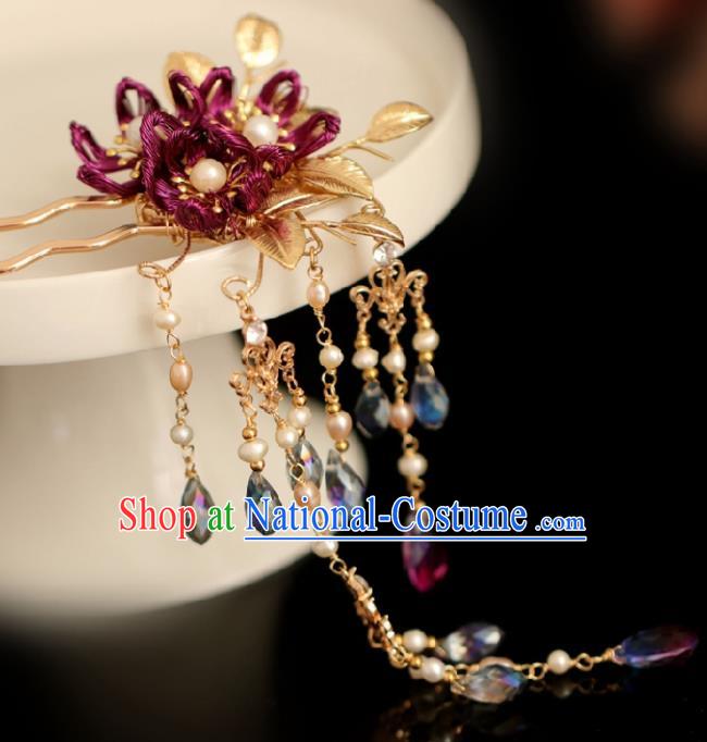 Chinese Handmade Ming Dynasty Princess Purple Flower Tassel Hairpins Ancient Hanfu Hair Accessories for Women