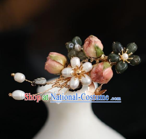 Chinese Handmade Ming Dynasty Princess Pink Flower Pearls Hairpins Ancient Hanfu Hair Accessories for Women