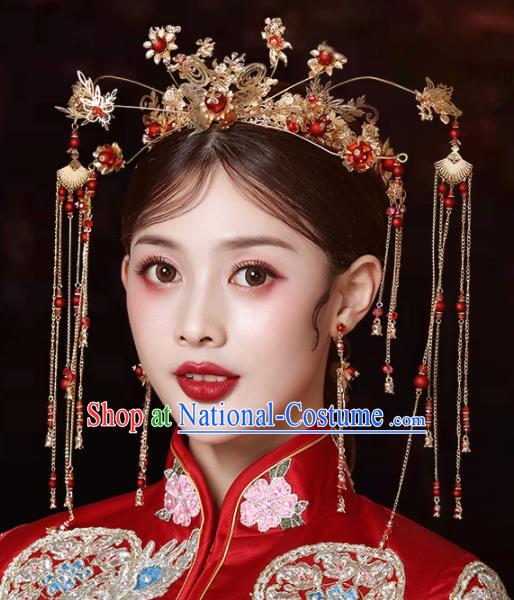 Chinese Traditional Wedding Golden Tassel Hair Crown Hairpins Handmade Bride Hair Accessories for Women