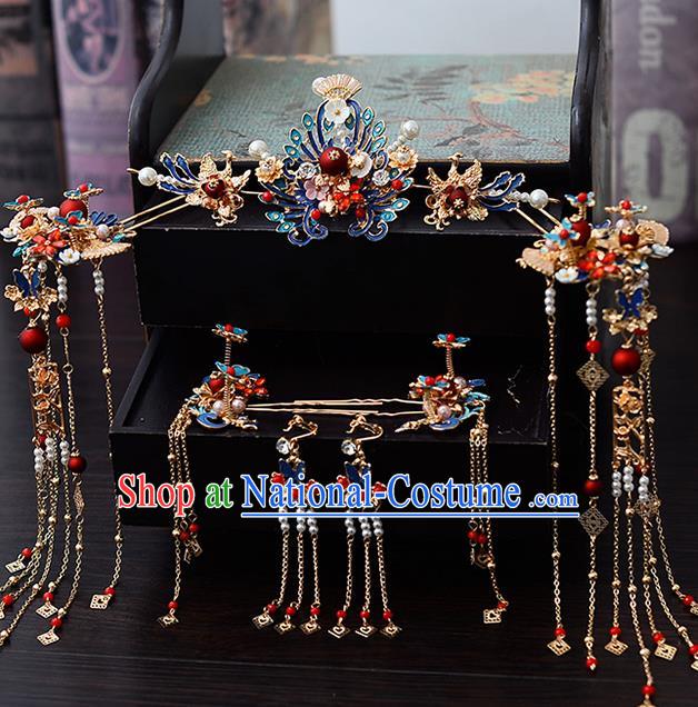 Chinese Traditional Wedding Cloisonne Tassel Hair Crown Hairpins Handmade Bride Hair Accessories for Women