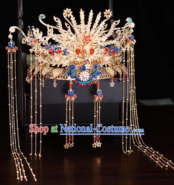 Chinese Traditional Wedding Phoenix Tassel Hair Crown Hairpins Handmade Bride Hair Accessories for Women