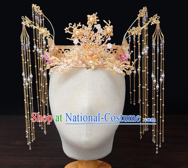 Chinese Traditional Wedding Queen Golden Hair Crown Hairpins Handmade Bride Hair Accessories for Women