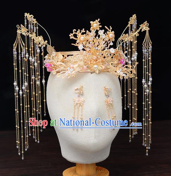 Chinese Traditional Wedding Queen Golden Hair Crown Hairpins Handmade Bride Hair Accessories for Women