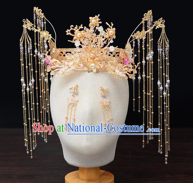 Chinese Traditional Wedding Queen Golden Hair Crown Hairpins Handmade Bride Hair Accessories for Women