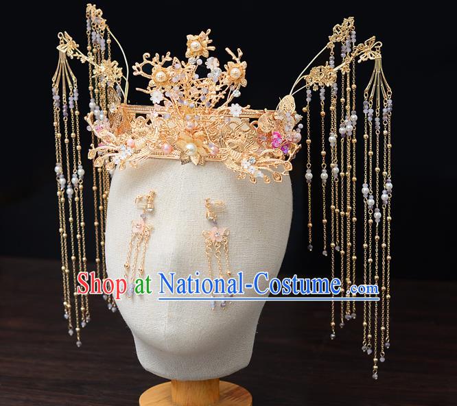 Chinese Traditional Wedding Queen Golden Hair Crown Hairpins Handmade Bride Hair Accessories for Women