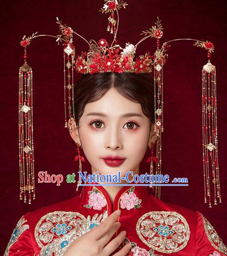 Chinese Traditional Wedding Queen Red Flowers Hair Crown Hairpins Handmade Bride Hair Accessories for Women