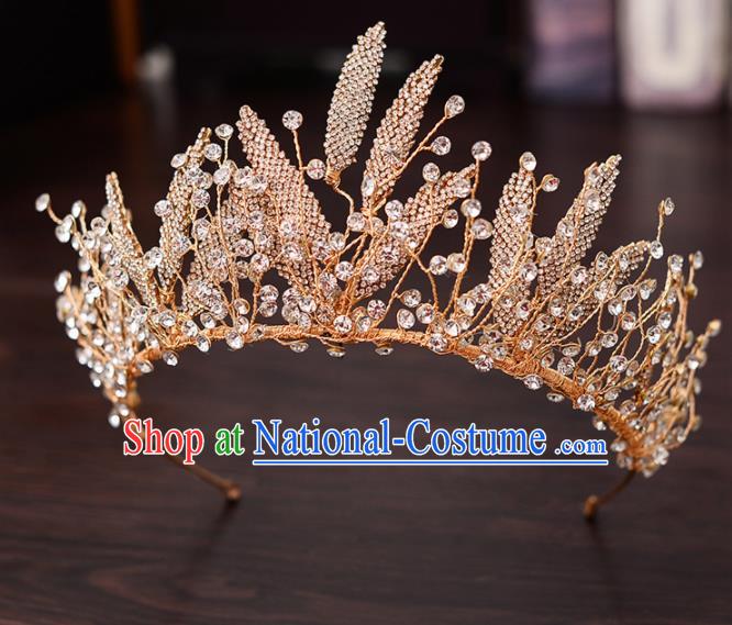 Top Handmade Bride Golden Crystal Leaf Royal Crown Wedding Hair Accessories for Women