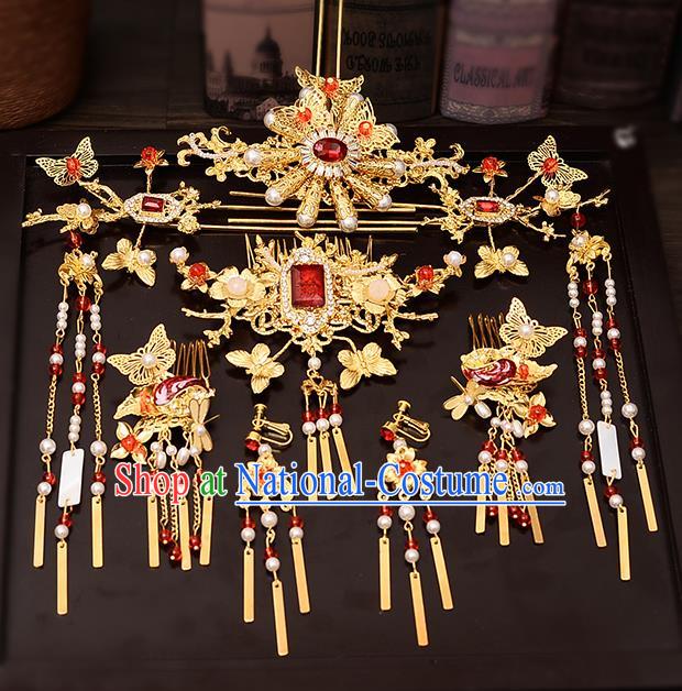 Chinese Traditional Wedding Queen Golden Hair Combs Tassel Hairpins Handmade Bride Hair Accessories for Women