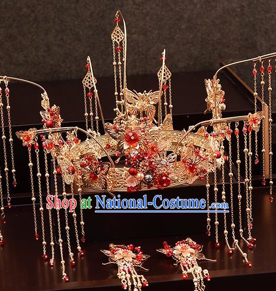 Chinese Traditional Wedding Queen Golden Tassel Hair Crown Hairpins Handmade Bride Hair Accessories for Women