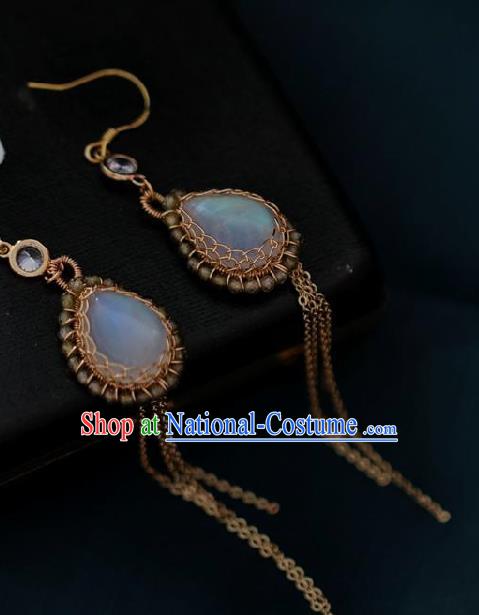 Chinese Traditional Hanfu Moonstone Tassel Earrings Handmade Ear Jewelry Accessories for Women