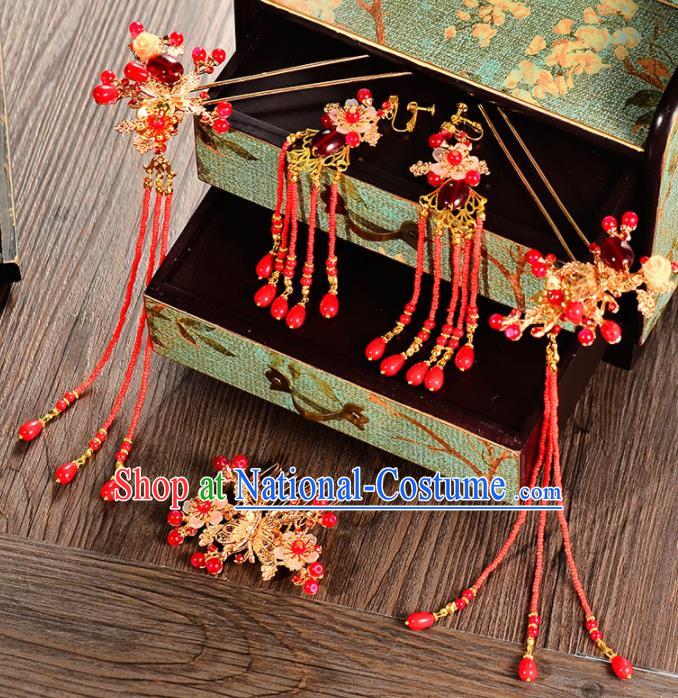 Chinese Traditional Wedding Red Beads Tassel Hair Comb Hairpins Handmade Bride Hair Accessories for Women