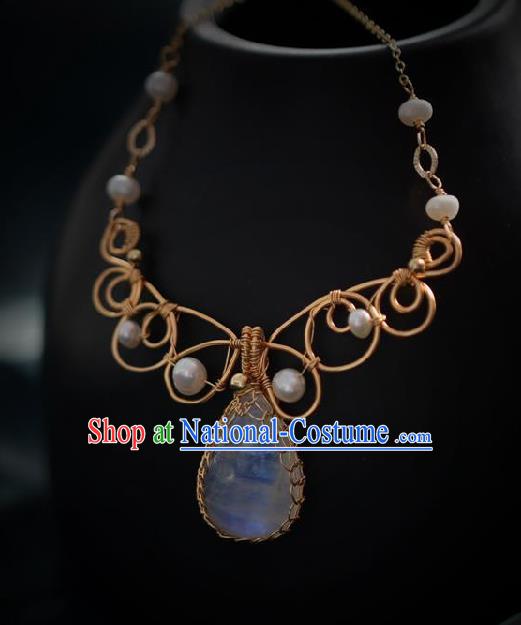 Chinese Traditional Ming Dynasty Moonstone Necklace Handmade Ancient Princess Necklet Accessories for Women