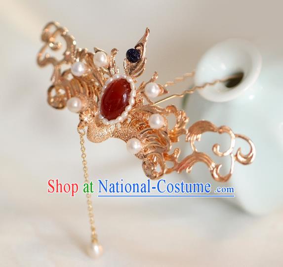 Chinese Handmade Princess Golden Phoenix Agate Hairpins Ancient Hanfu Hair Accessories for Women