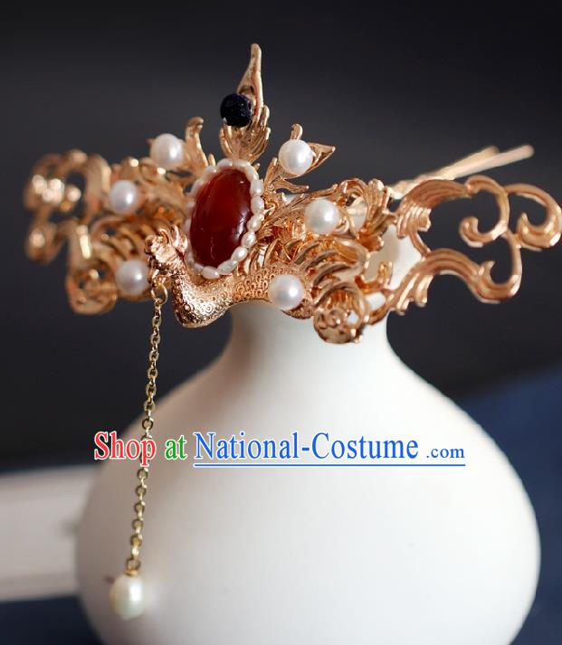 Chinese Handmade Princess Golden Phoenix Agate Hairpins Ancient Hanfu Hair Accessories for Women