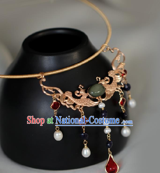 Chinese Traditional Ming Dynasty Golden Phoenix Necklace Handmade Ancient Princess Necklet Accessories for Women