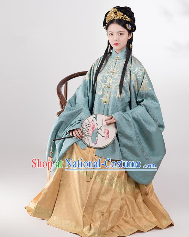 Traditional Chinese Ming Dynasty Court Princess Blue Brocade Blouse and Skirt Ancient Royal Infanta Historical Costumes for Women