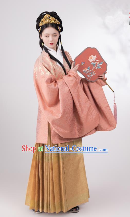 Traditional Chinese Hanfu Pink Brocade Blouse and Skirt Ancient Ming Dynasty Royal Infanta Historical Costumes for Women