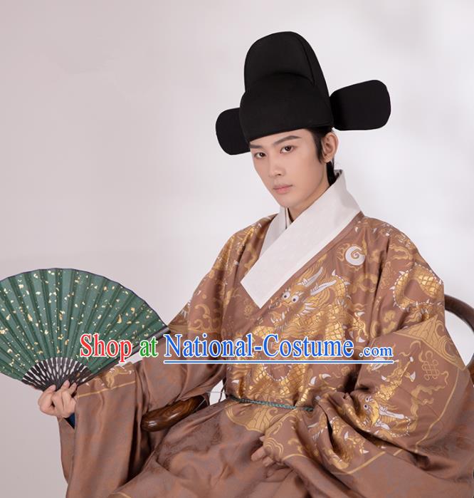 Traditional Chinese Scholar Hanfu Brown Brocade Robe Ancient Ming Dynasty Minister Historical Costumes for Men